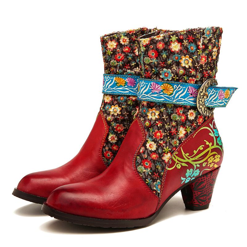 Patrón De Flores Retro Costura Cuero Genuino Hebilla De Metal Cremallera Tacón Alto Botas A Media Pierna