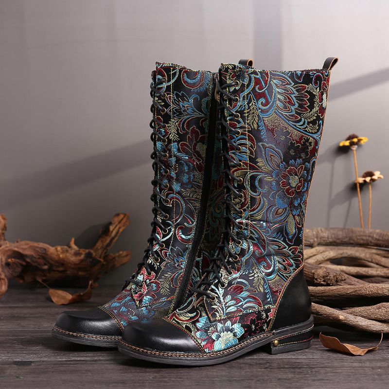 Precioso Patrón De Flores Costura Colorida Elegante Cremallera Con Cordones Botas Planas A Media Pantorrilla Para Mujer