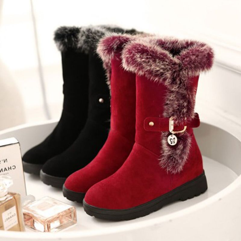 Tallas Grandes Para Mujer Invierno Forro De Felpa Decoración Con Hebilla Botas De Nieve De Tacón Aumentado