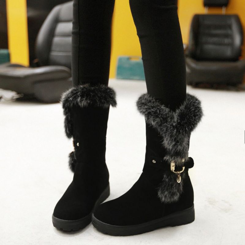 Tallas Grandes Para Mujer Invierno Forro De Felpa Decoración Con Hebilla Botas De Nieve De Tacón Aumentado