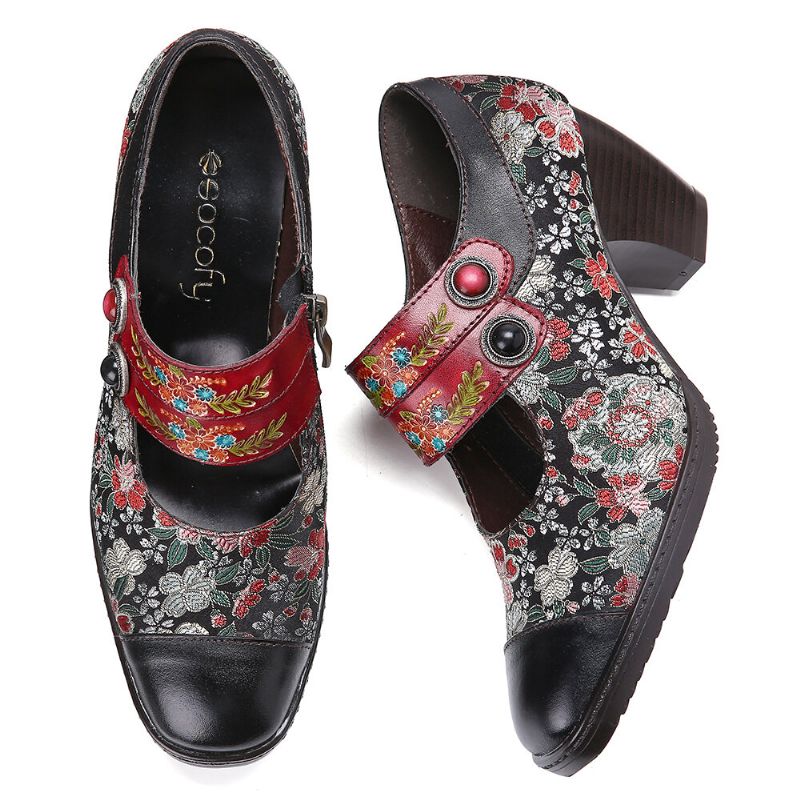 Bombas De Cremallera De Tacón Bajo De Cuero Genuino Con Correa De Hebilla Con Estampado De Flores Retro