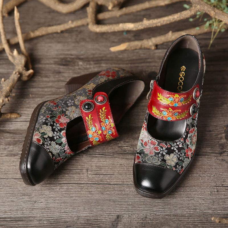 Bombas De Cremallera De Tacón Bajo De Cuero Genuino Con Correa De Hebilla Con Estampado De Flores Retro