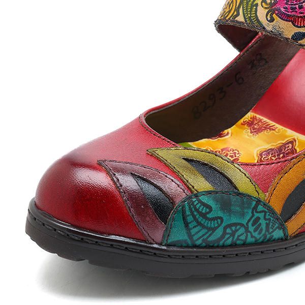 Bombas De Cuero De Zapato Con Lazo De Gancho De Tacón Medio Con Estampado Vintage Para Mujer