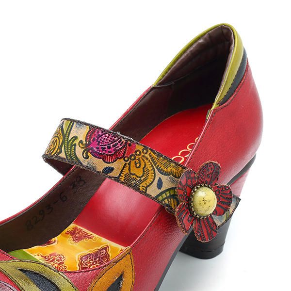 Bombas De Cuero De Zapato Con Lazo De Gancho De Tacón Medio Con Estampado Vintage Para Mujer