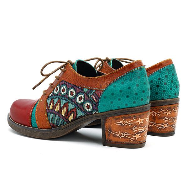 Bombas De Tacón Grueso Retro Con Empalme Jacquard De Cuero Genuino Bohemio Para Mujer