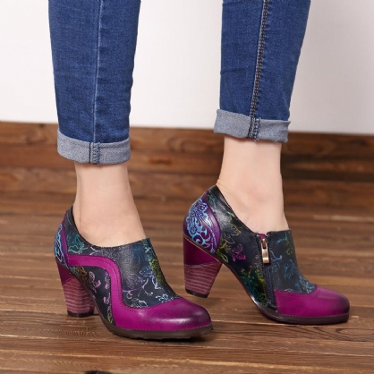 Botines De Cuero Con Cremallera Con Patrón De Empalme Retro Para Mujer