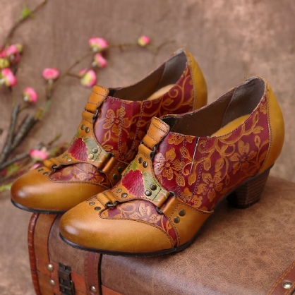 Cowgirl Pintado A Mano Retro Flores Patrón Remache Cuero Genuino Tacón Bajo Zapatos Sin Cordones