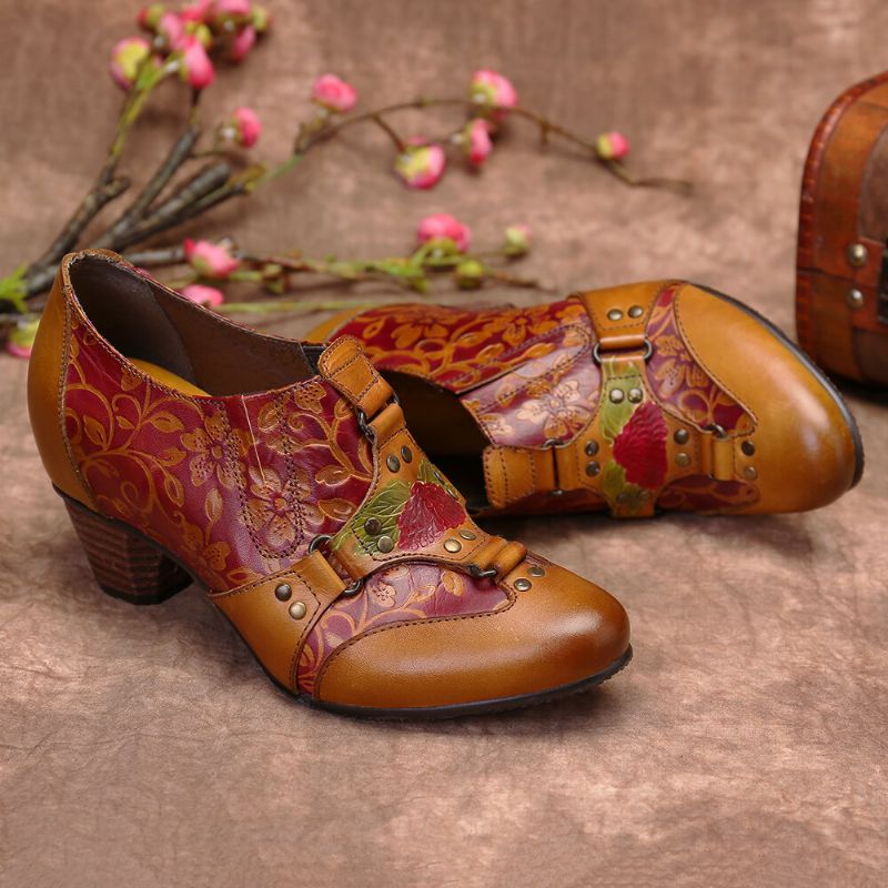 Cowgirl Pintado A Mano Retro Flores Patrón Remache Cuero Genuino Tacón Bajo Zapatos Sin Cordones