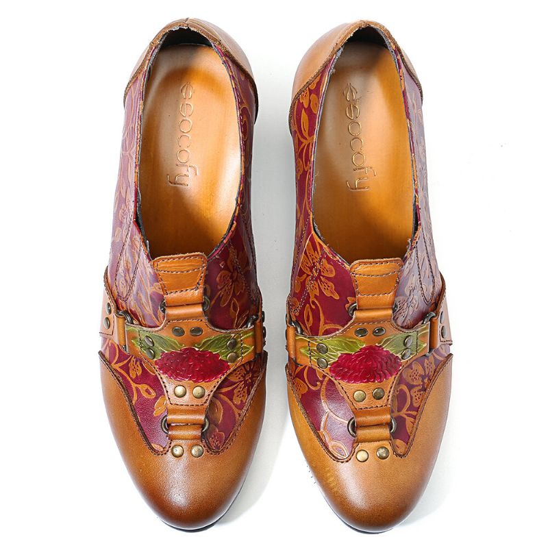 Cowgirl Pintado A Mano Retro Flores Patrón Remache Cuero Genuino Tacón Bajo Zapatos Sin Cordones