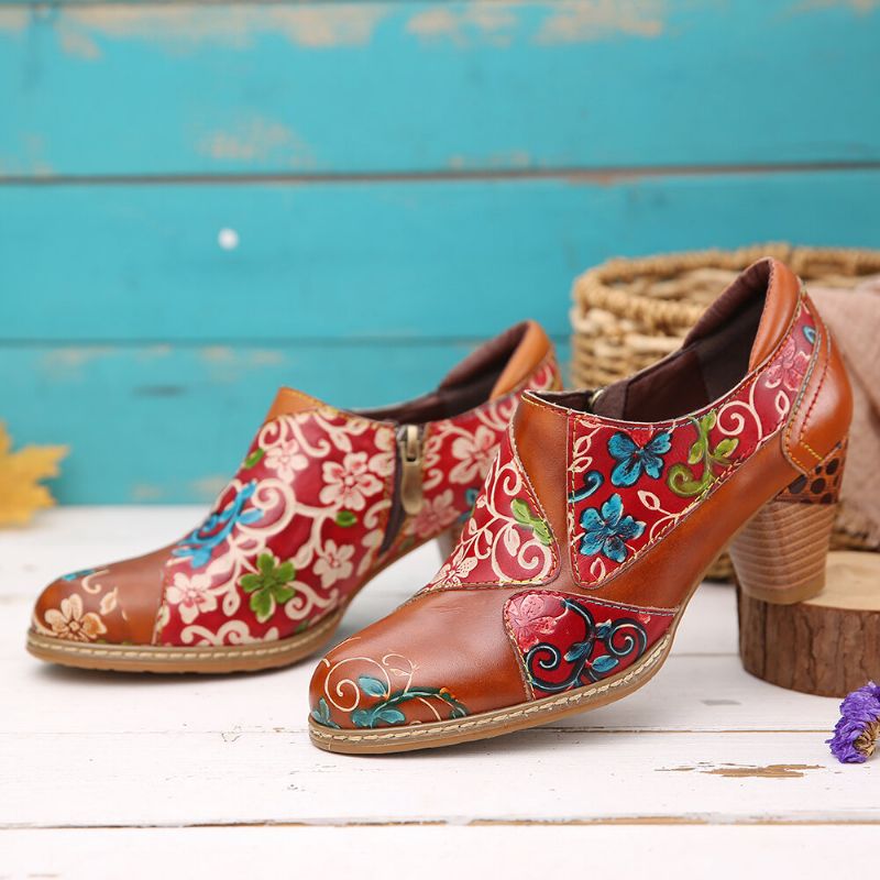 Cuero Floral Empalme Costura Cremallera Tacón Grueso Bombas Zapatos De Vestir