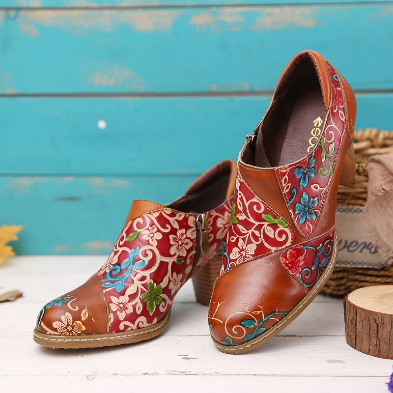 Cuero Floral Empalme Costura Cremallera Tacón Grueso Bombas Zapatos De Vestir