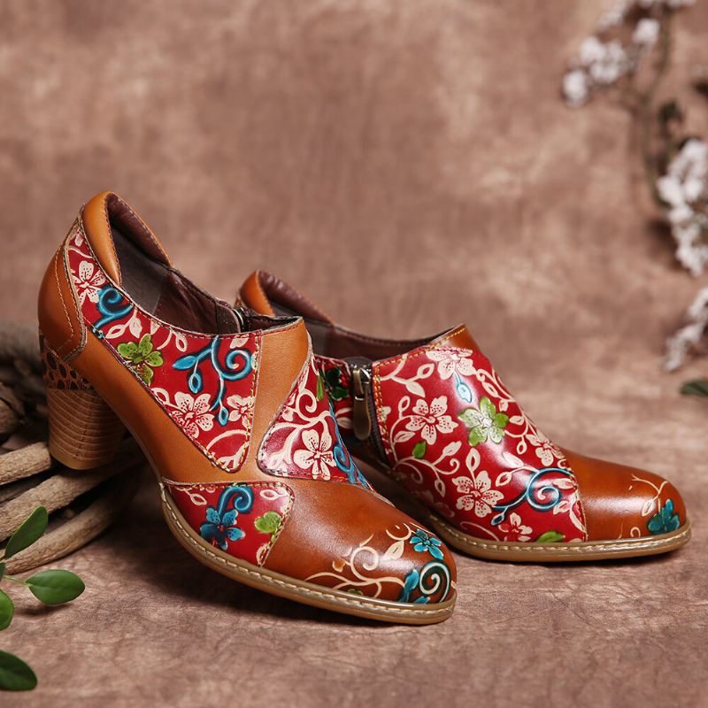 Cuero Floral Empalme Costura Cremallera Tacón Grueso Bombas Zapatos De Vestir