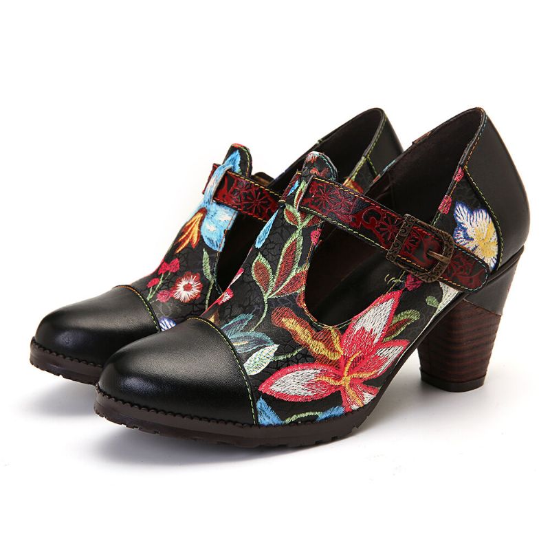 Folkways Colorful Flowers Costura De Cuero Genuino Retro T-strap Dress Pumps Para Mujeres