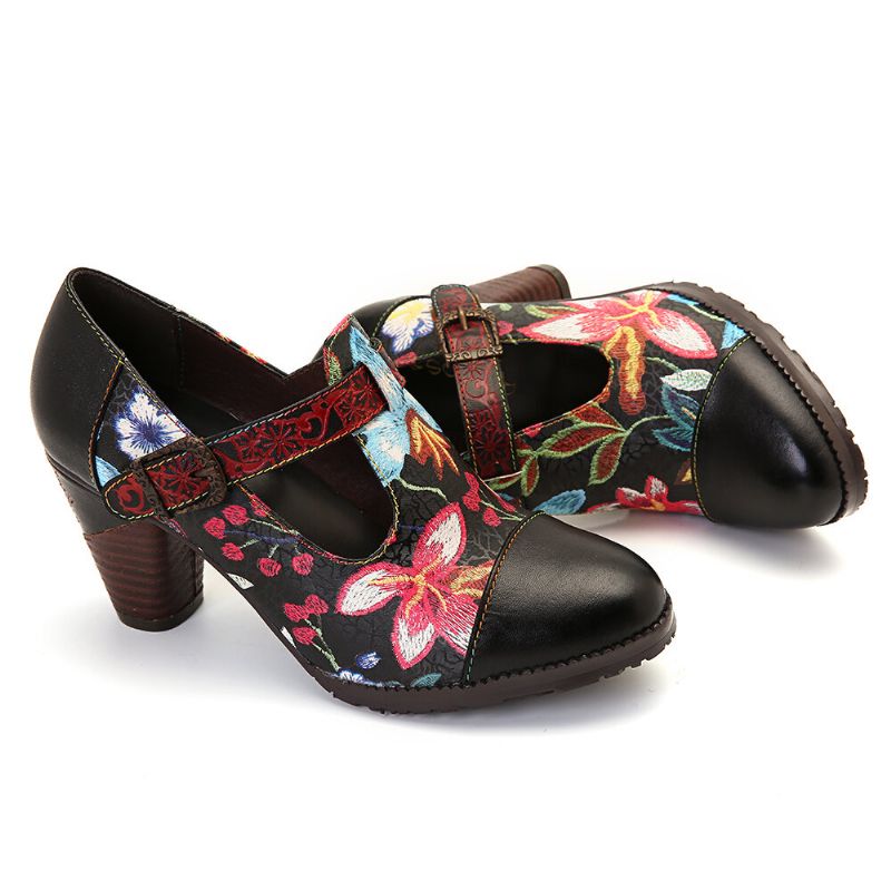 Folkways Colorful Flowers Costura De Cuero Genuino Retro T-strap Dress Pumps Para Mujeres