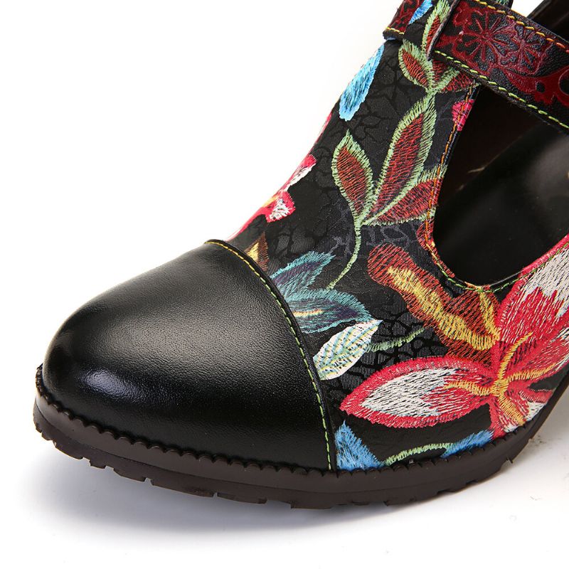 Folkways Colorful Flowers Costura De Cuero Genuino Retro T-strap Dress Pumps Para Mujeres