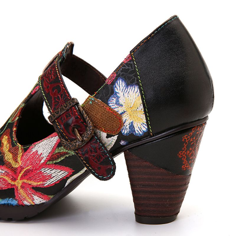 Folkways Colorful Flowers Costura De Cuero Genuino Retro T-strap Dress Pumps Para Mujeres