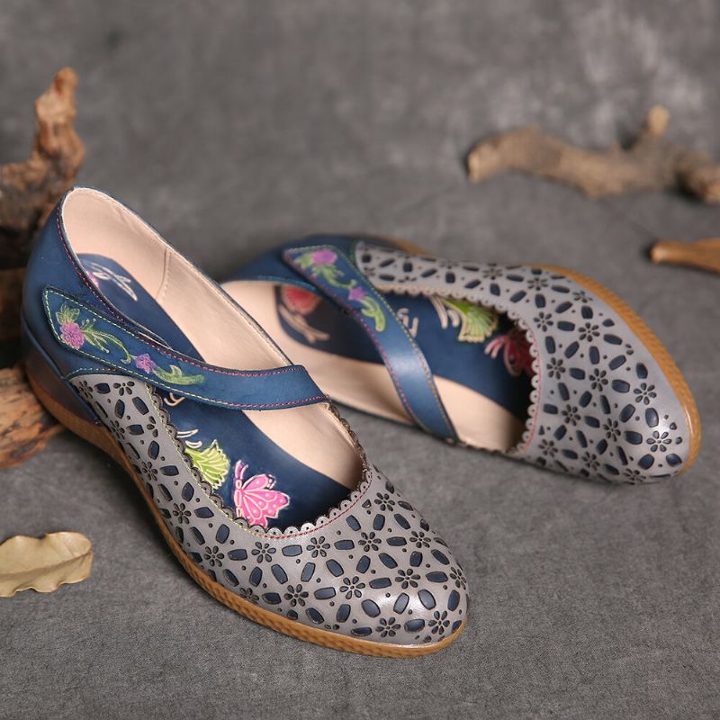 Retro De Cuero Con Recortes Florales Punta Redonda En Relieve Floral Hool Loop Wedges Pumps