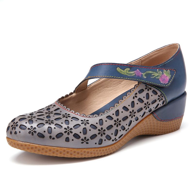 Retro De Cuero Con Recortes Florales Punta Redonda En Relieve Floral Hool Loop Wedges Pumps