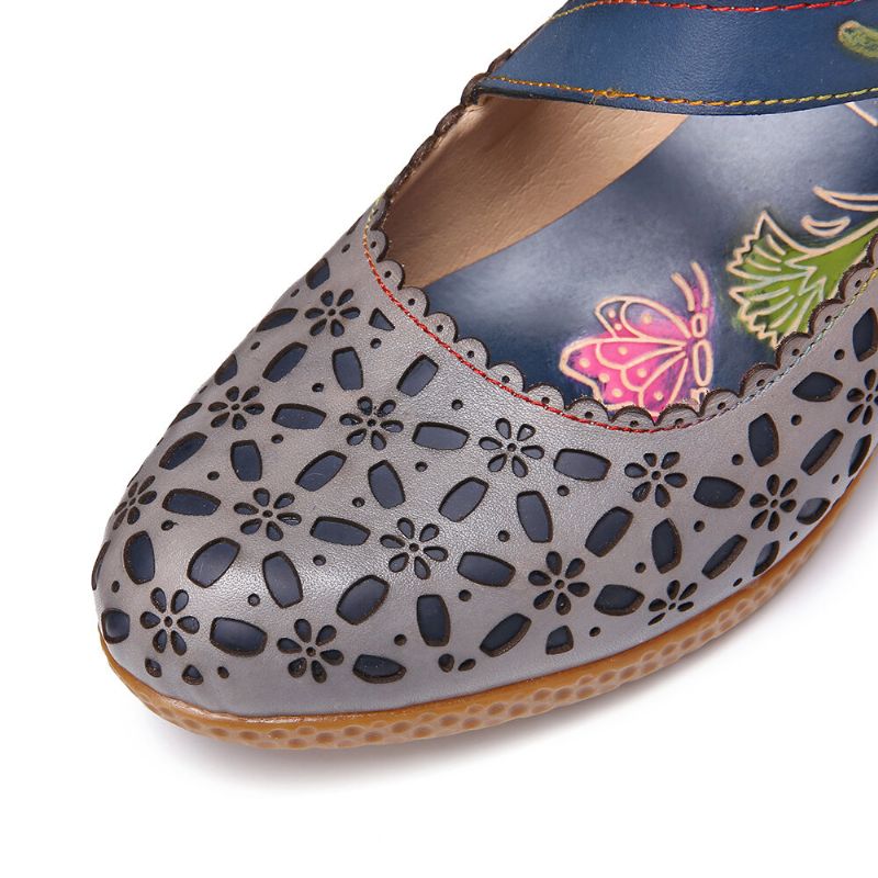 Retro De Cuero Con Recortes Florales Punta Redonda En Relieve Floral Hool Loop Wedges Pumps