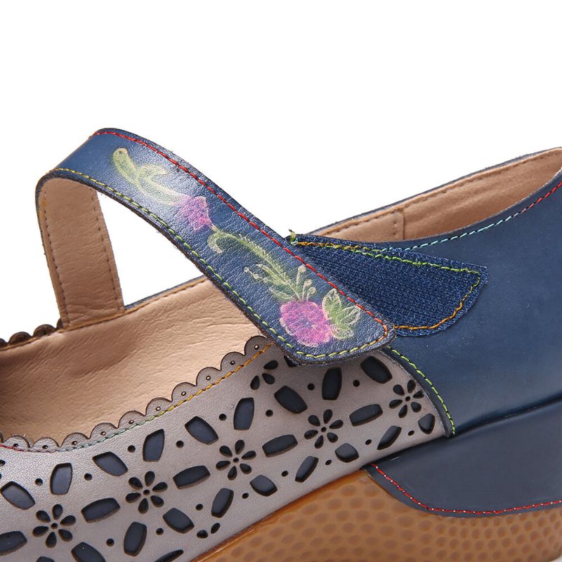 Retro De Cuero Con Recortes Florales Punta Redonda En Relieve Floral Hool Loop Wedges Pumps