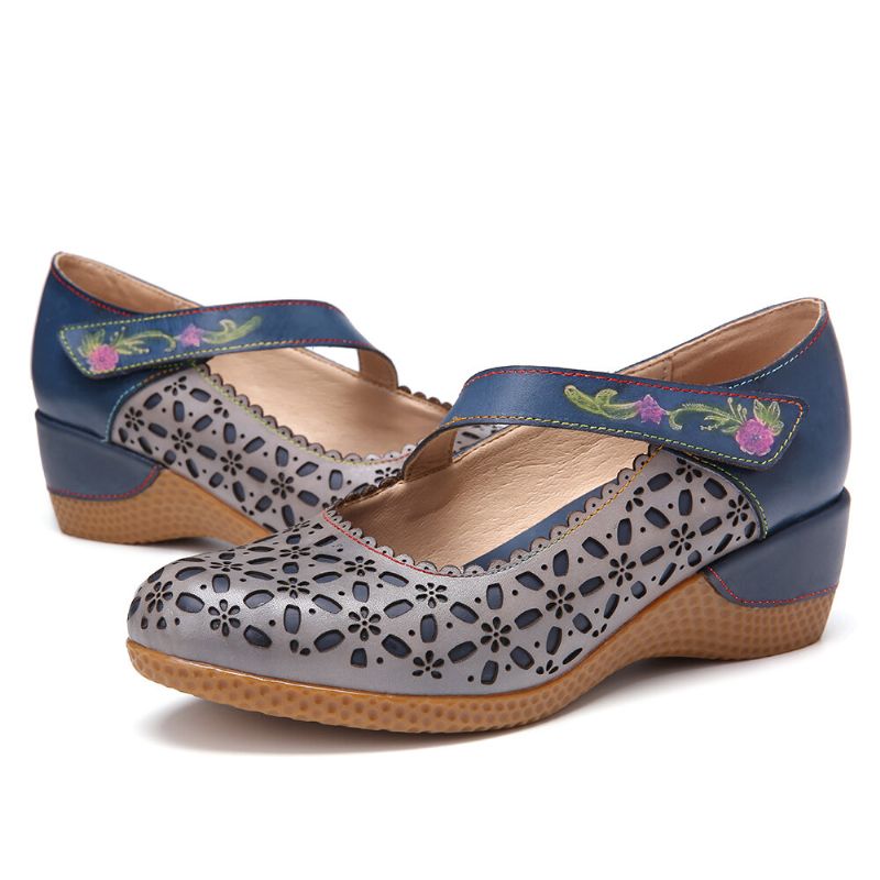 Retro De Cuero Con Recortes Florales Punta Redonda En Relieve Floral Hool Loop Wedges Pumps