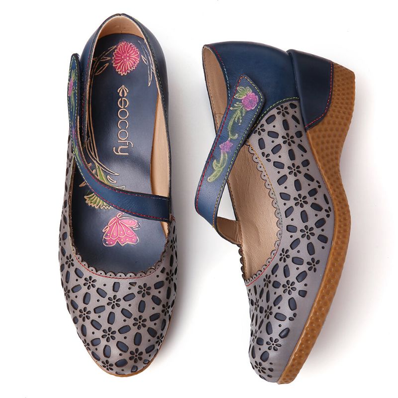 Retro De Cuero Con Recortes Florales Punta Redonda En Relieve Floral Hool Loop Wedges Pumps