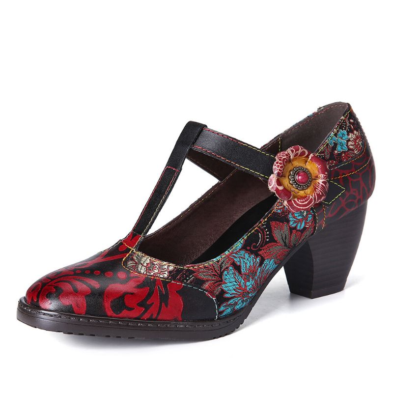 Retro Floral Bordado Flores Cuero Tacón Bajo Correa En T Hook Loop Pumps