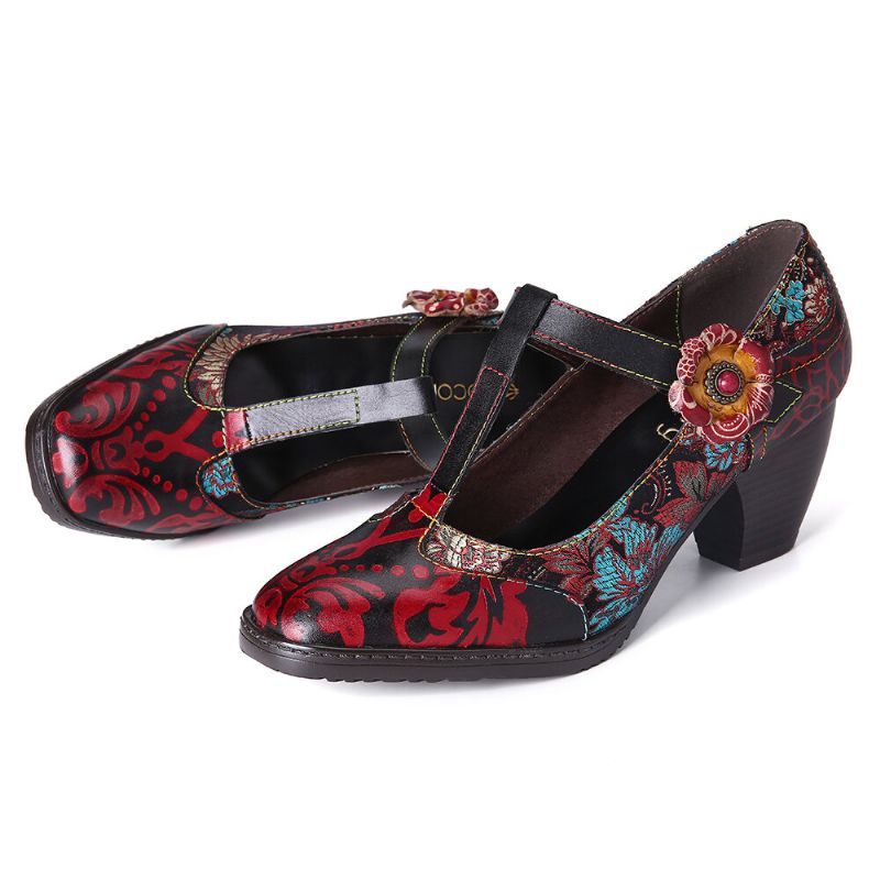 Retro Floral Bordado Flores Cuero Tacón Bajo Correa En T Hook Loop Pumps