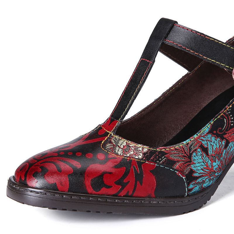 Retro Floral Bordado Flores Cuero Tacón Bajo Correa En T Hook Loop Pumps