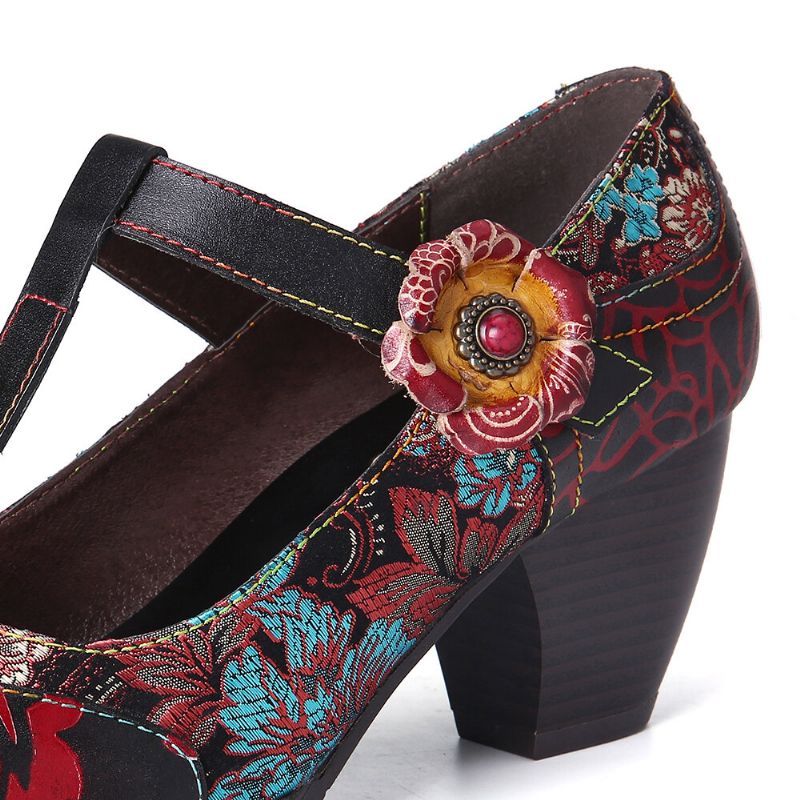 Retro Floral Bordado Flores Cuero Tacón Bajo Correa En T Hook Loop Pumps