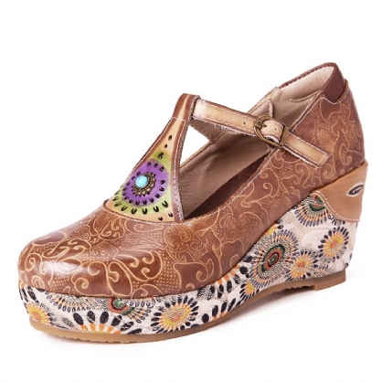 Retro Folkways Pattern Zapatos De Cuñas Con Banda Ajustable De Cuero Genuino Con Correa En T