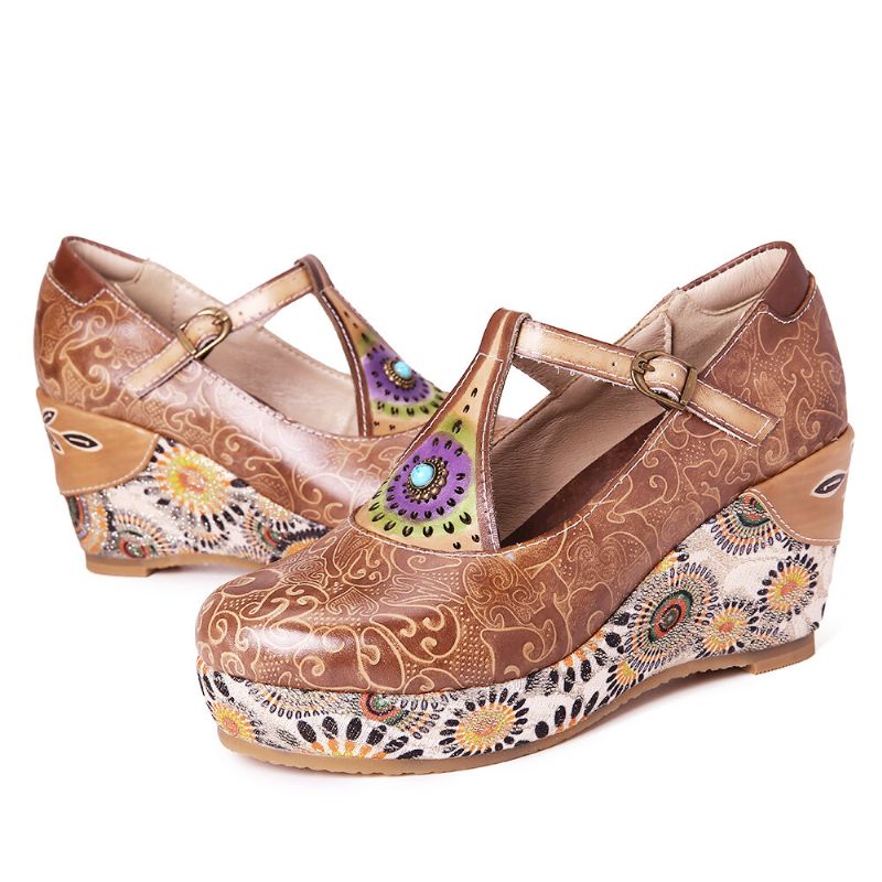 Retro Folkways Pattern Zapatos De Cuñas Con Banda Ajustable De Cuero Genuino Con Correa En T