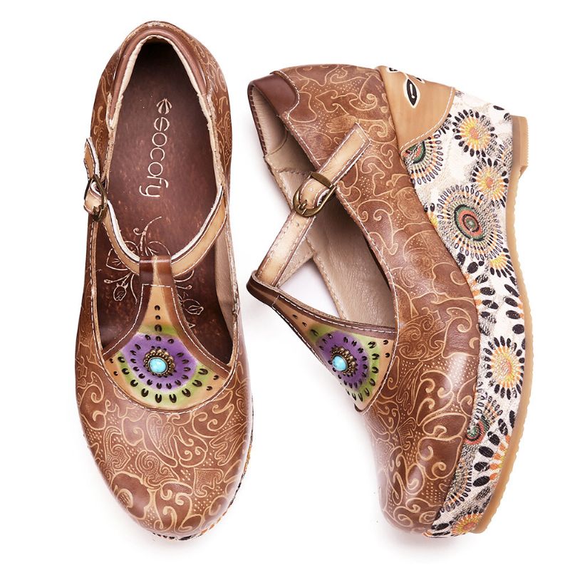 Retro Folkways Pattern Zapatos De Cuñas Con Banda Ajustable De Cuero Genuino Con Correa En T