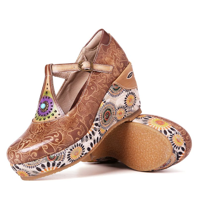 Retro Folkways Pattern Zapatos De Cuñas Con Banda Ajustable De Cuero Genuino Con Correa En T