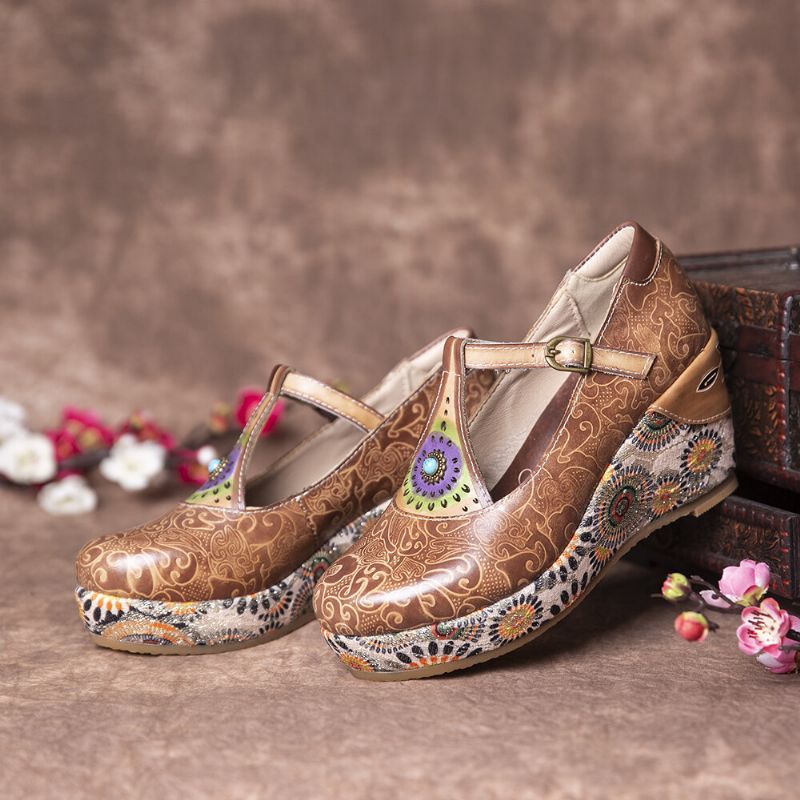 Retro Folkways Pattern Zapatos De Cuñas Con Banda Ajustable De Cuero Genuino Con Correa En T