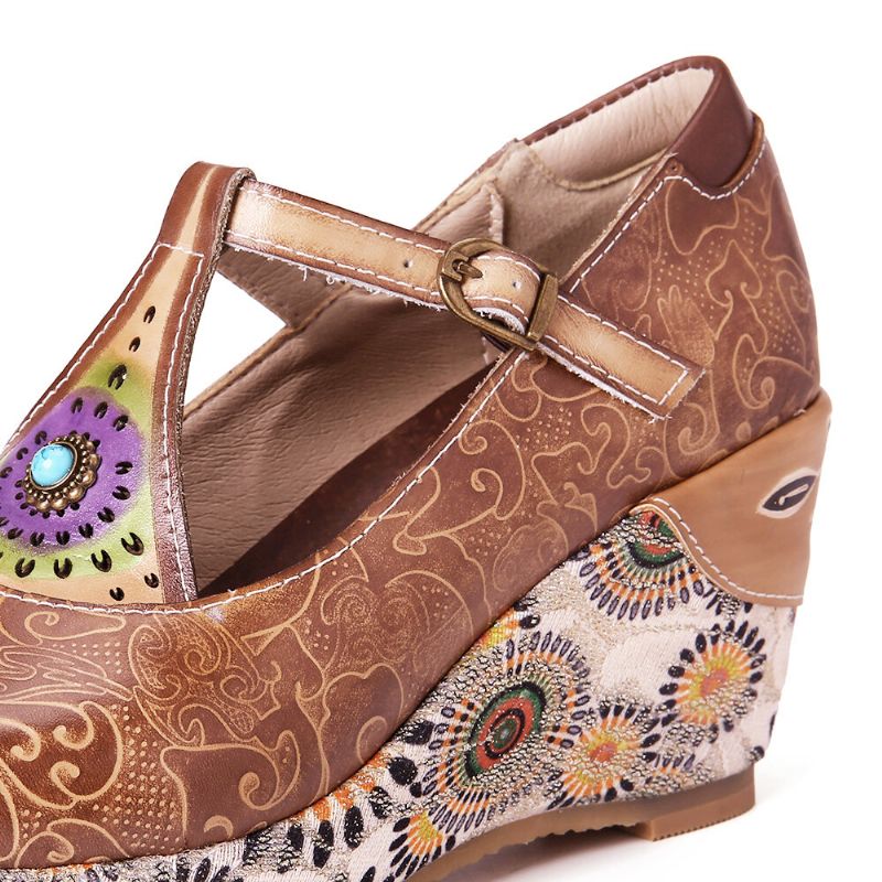 Retro Folkways Pattern Zapatos De Cuñas Con Banda Ajustable De Cuero Genuino Con Correa En T