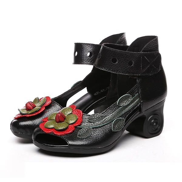 Sandalias Hechas A Mano De Cuero Genuino Retro Con Flores Para Mujer