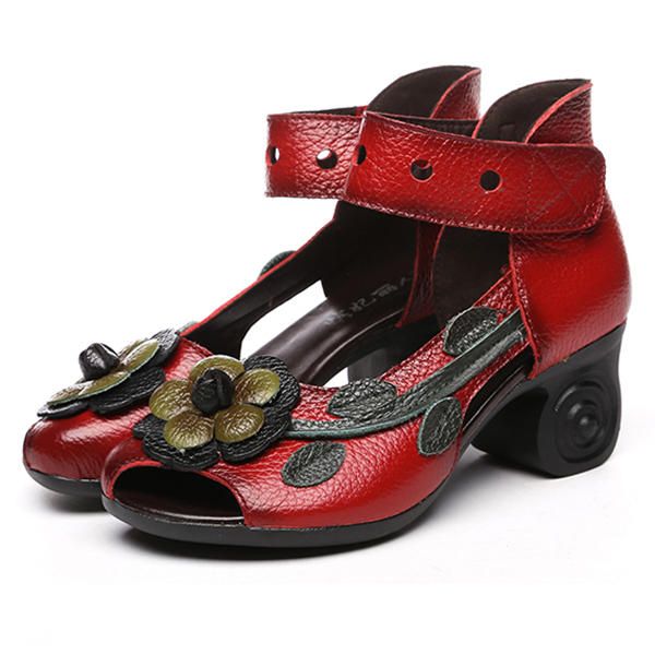 Sandalias Hechas A Mano De Cuero Genuino Retro Con Flores Para Mujer