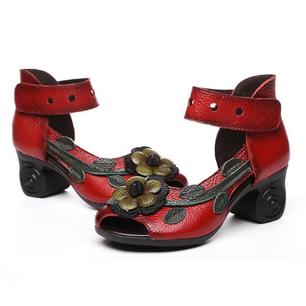 Sandalias Hechas A Mano De Cuero Genuino Retro Con Flores Para Mujer