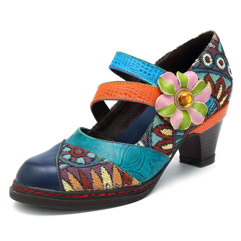 Stitching Bohemian Pattern Hook Loop Mujer Pumps