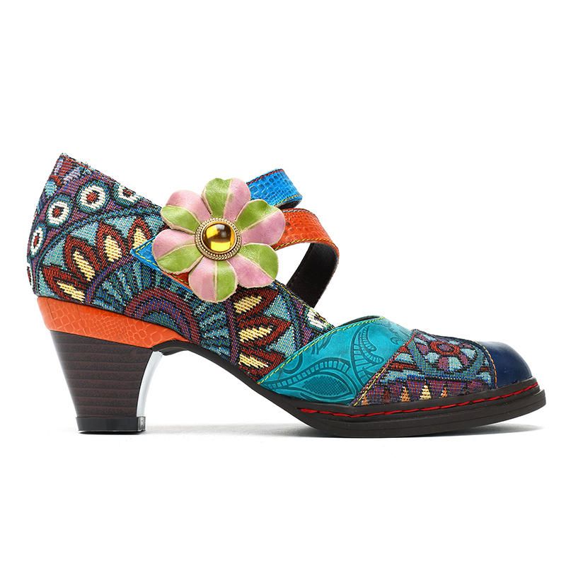 Stitching Bohemian Pattern Hook Loop Mujer Pumps