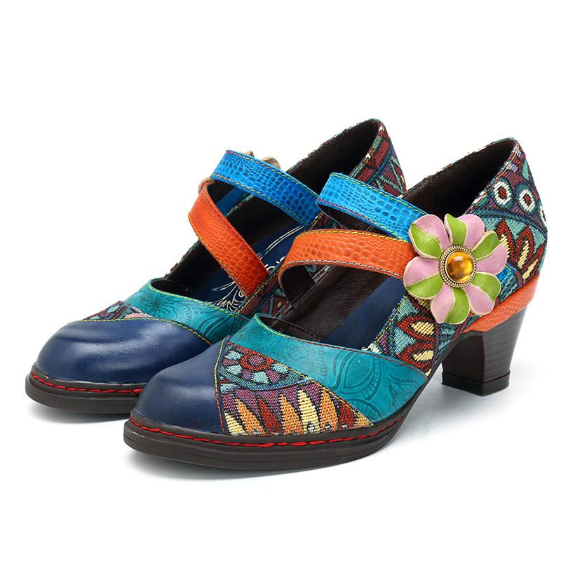 Stitching Bohemian Pattern Hook Loop Mujer Pumps