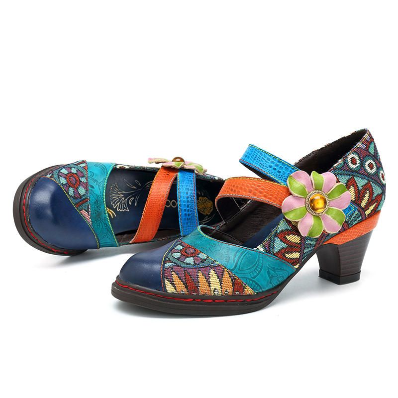 Stitching Bohemian Pattern Hook Loop Mujer Pumps