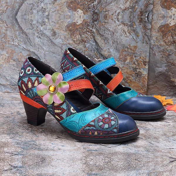 Stitching Bohemian Pattern Hook Loop Mujer Pumps