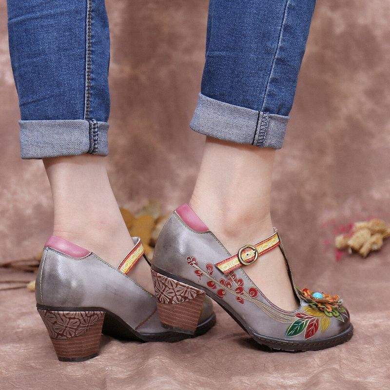 Tacones Gruesos Con Hebilla De Correa En T De Talón Envuelto En Cuero Floral Pintado Retro