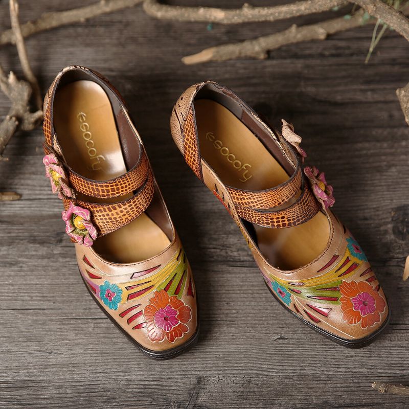 Zapatos De Tacón Bajo Con Lazo De Gancho Y Estampado Floral De Cuero Genuino Con Estampado Retro