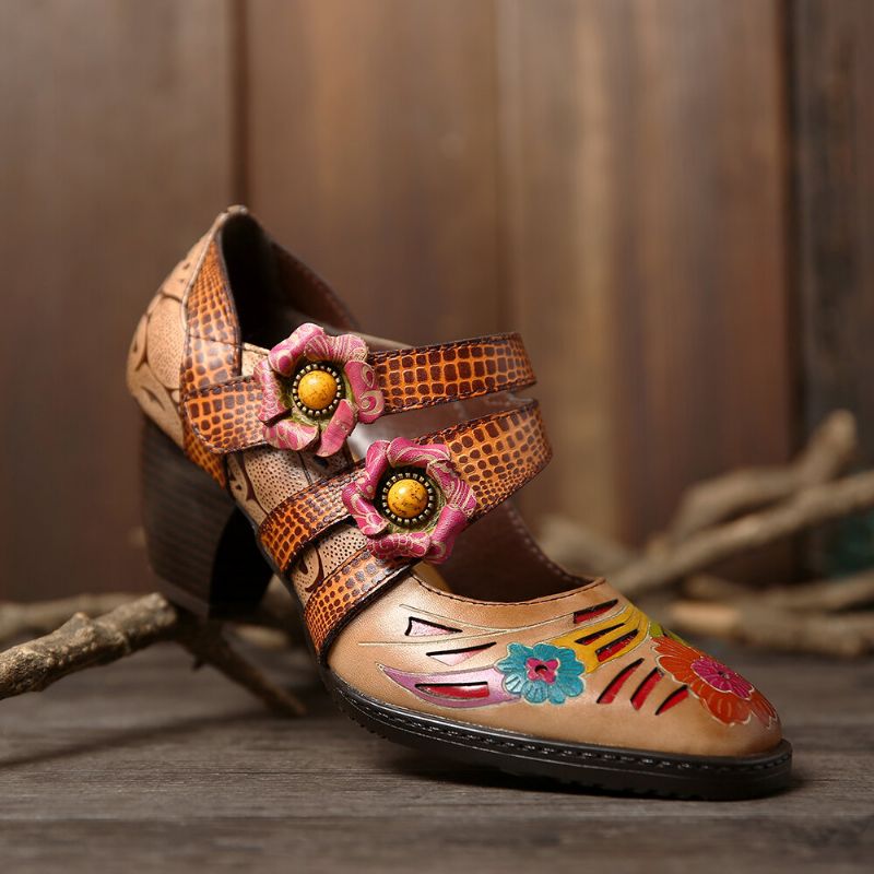 Zapatos De Tacón Bajo Con Lazo De Gancho Y Estampado Floral De Cuero Genuino Con Estampado Retro