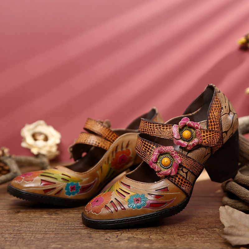 Zapatos De Tacón Bajo Con Lazo De Gancho Y Estampado Floral De Cuero Genuino Con Estampado Retro