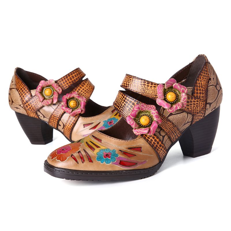 Zapatos De Tacón Bajo Con Lazo De Gancho Y Estampado Floral De Cuero Genuino Con Estampado Retro