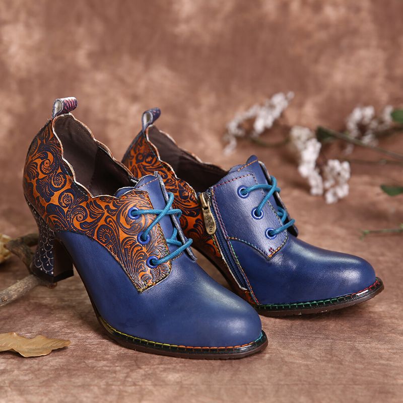 Zapatos De Tacón Grueso Con Cordones Y Costura Floral De Cuero Vintage